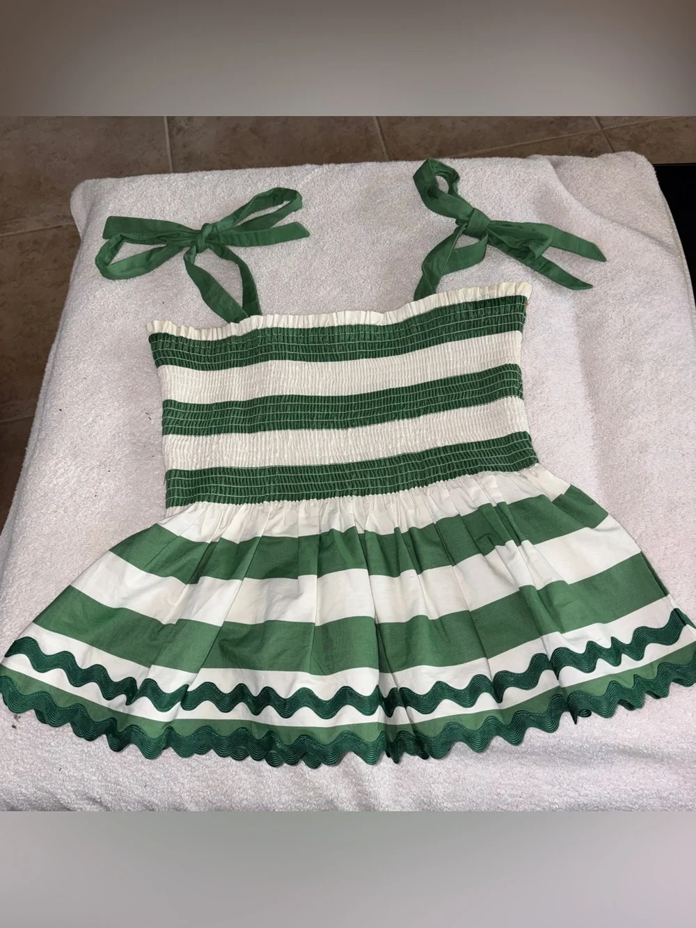 Kate Spade Beach Time Stripe Smocked Top Green Bean Strap Ties Ric Rac Hem